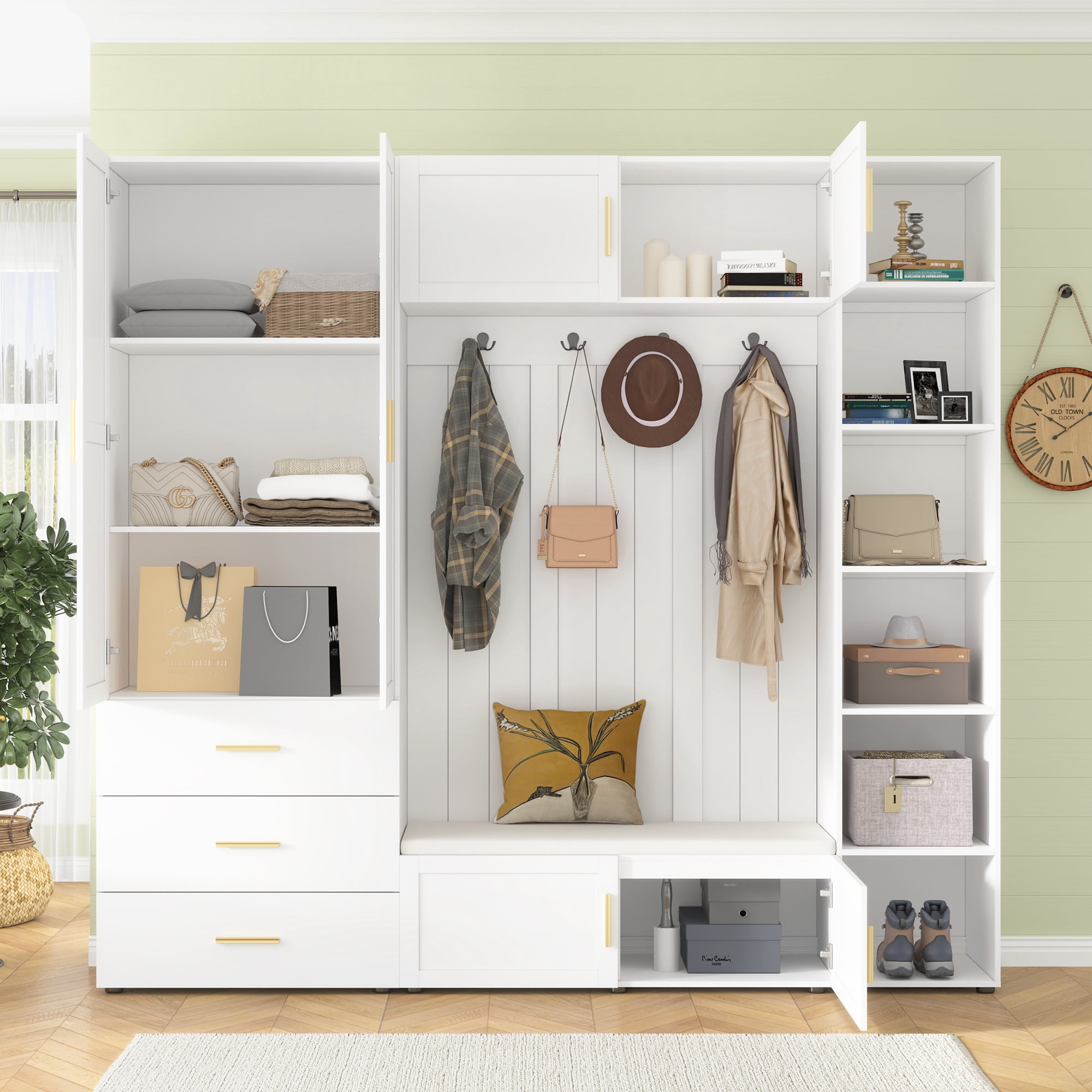 Mintazer 4‑in‑1 Hall Tree with Cushioned Shoe Bench & Hooks, Entryway Storage Organizer with Cabinets & Drawers, Adjustable Shelves for Mudroom Hallway, White