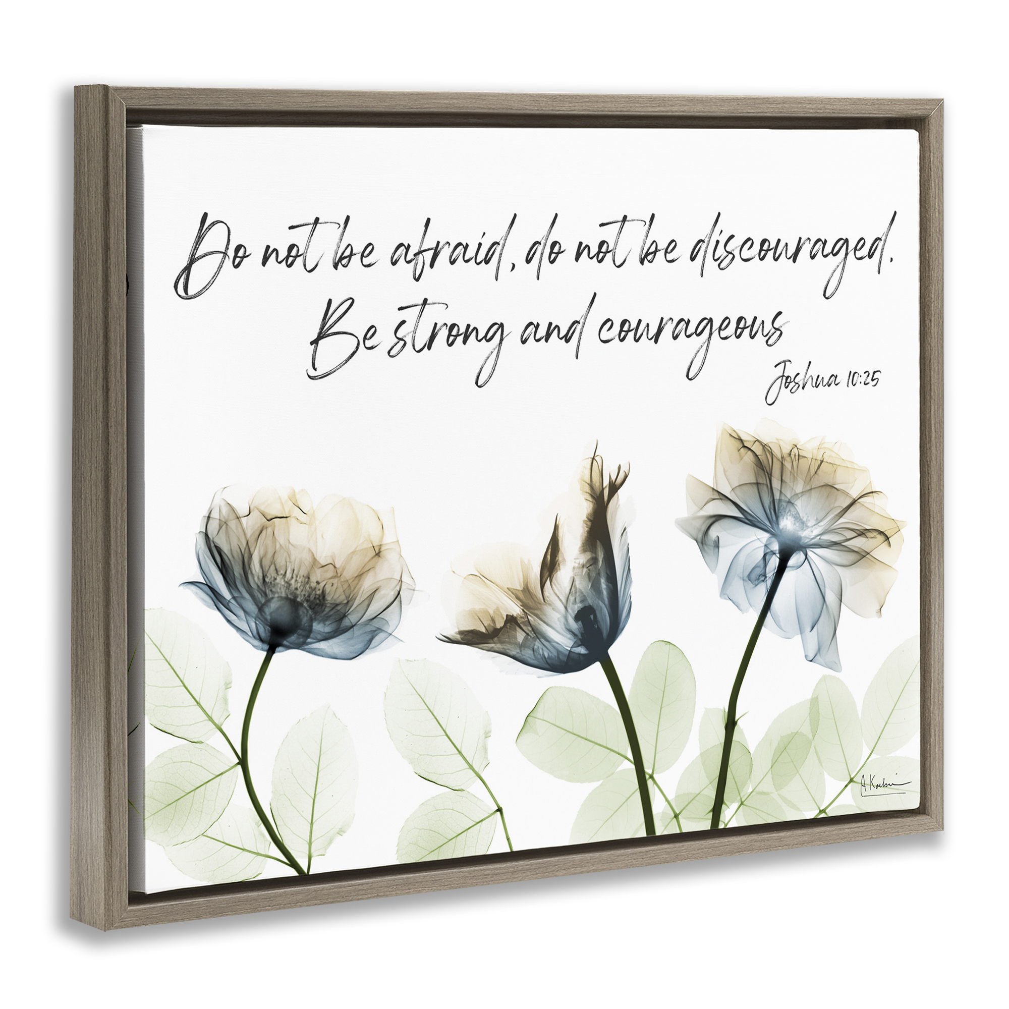 Stupell Industries Strong & Courageous Floral Religious Painting Brown Floater Framed Art Print Wall Art, 21 x 17