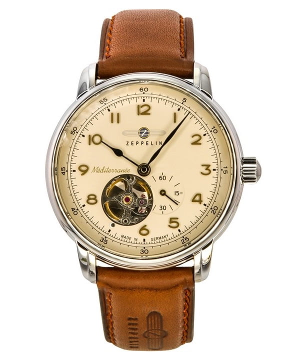 T♡ Zeppelin Mediterranee Leather Strap Open Heart Beige Dial