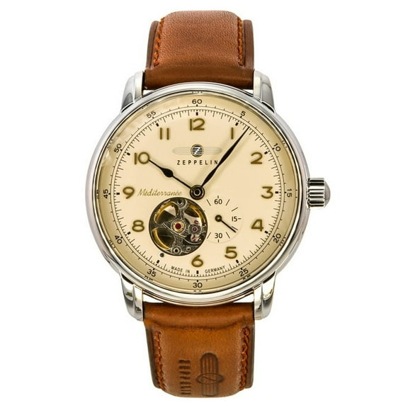 Zeppelin Mediterranee Leather Strap Open Heart Beige Dial Automatic 96665 Men's Watch