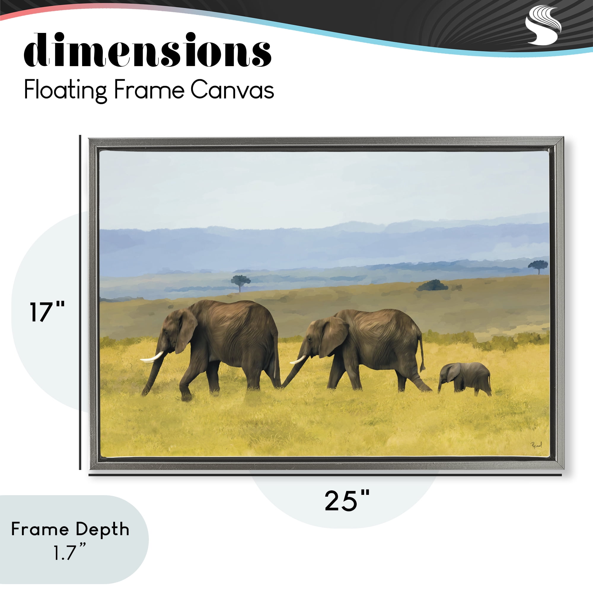 Stupell Industries Elephants In The Grassland Gray Framed Floater Canvas Wall Art, design by Renel Peters