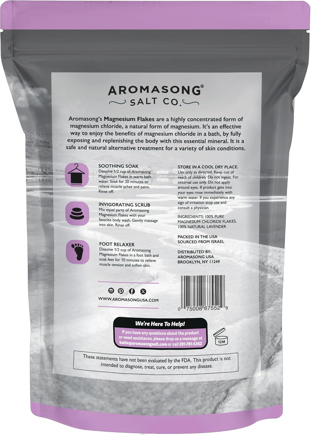 Aromasong Raw Magnesium Dead Sea Bath Salt Flakes 3 lB with 100% Natural Lavender