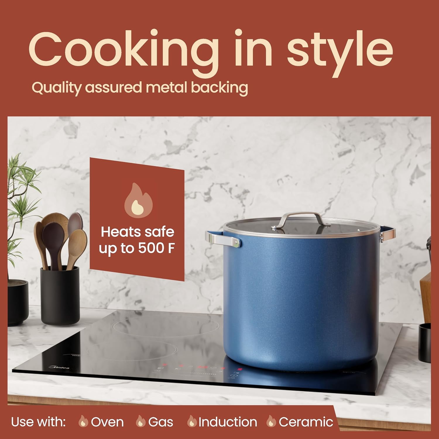 Bakken 16 Quart Ceramic Coated Stock Pot with Glass Lid, Nonstick, Oven Safe to 500°F, Stainless Steel Handles, All Stove Compatible, Blue