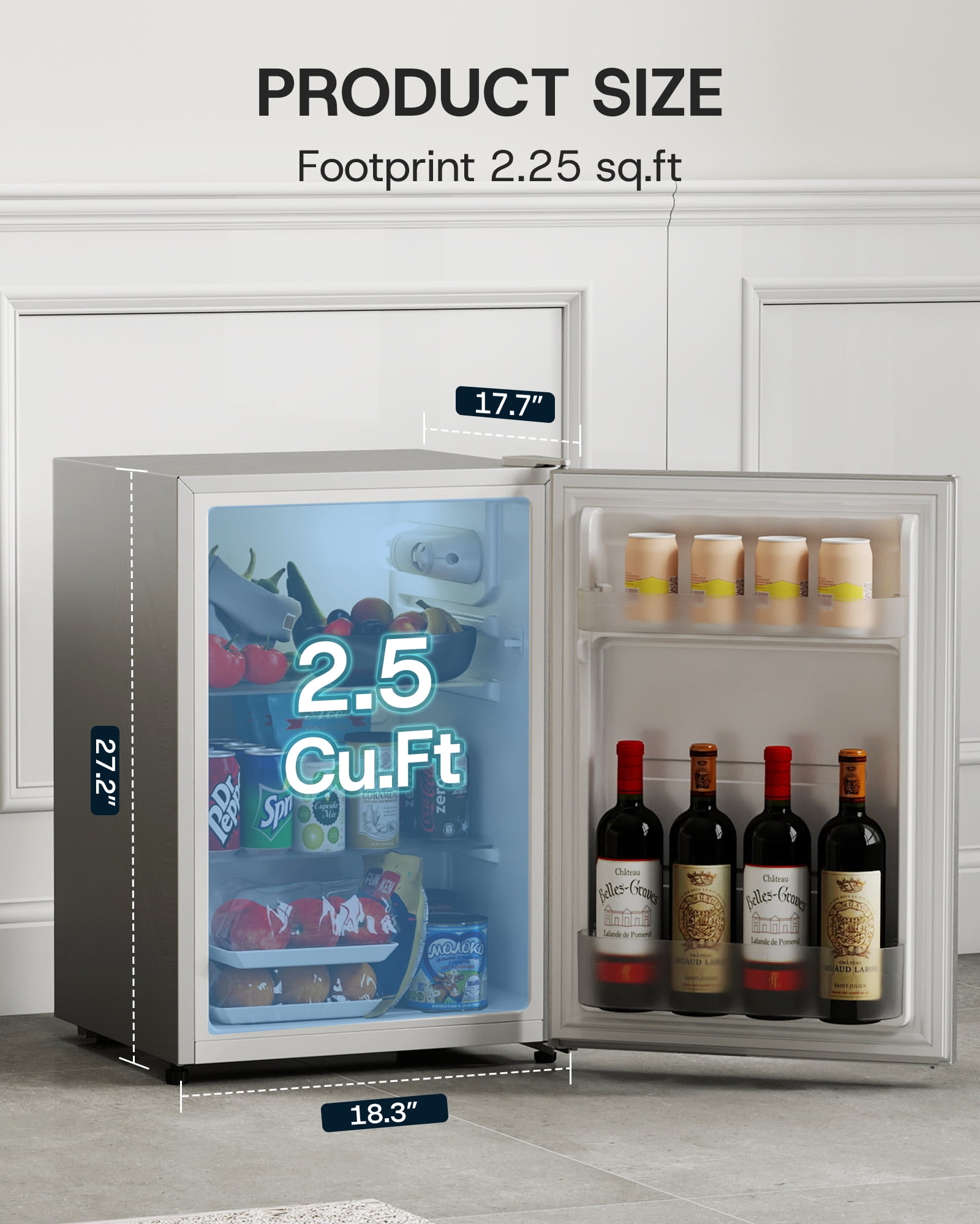 Upstreman 2.5 Cu ft Mini Fridge Without Freezer, Single Door Small Refrigerator No Freezer, Freezerless All-Refrigerator Cooler for Kitchen Office Bedroom Dorm, Silver CR26