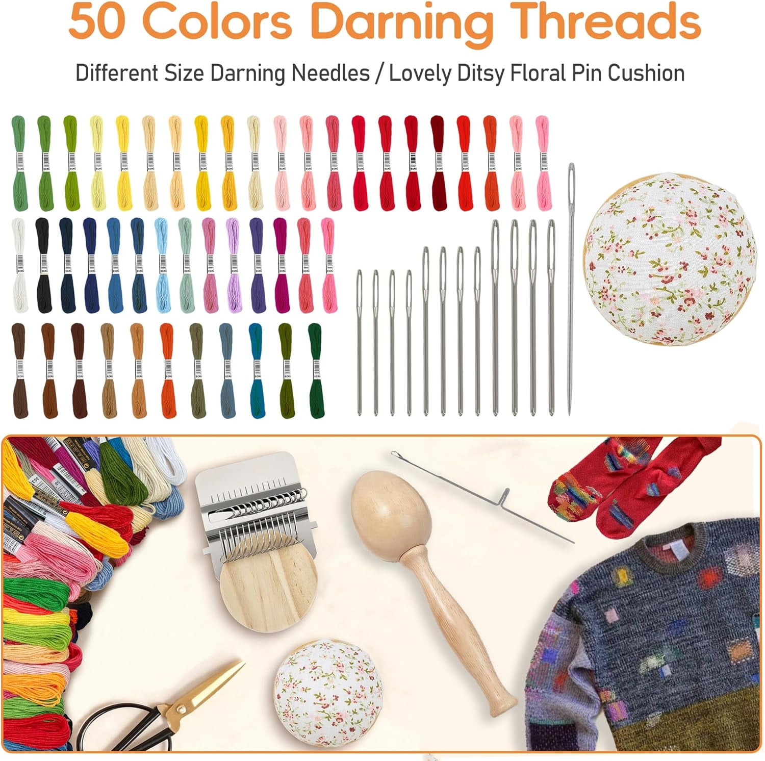 Mini Darning Loom,Egg Knit Patch Kit with 14 Hooks Small Weaving Loom 14 Pcs Large Eye Needles 50 Color Threads for Handcraft DIY Weaving Repair Tool for Beginners