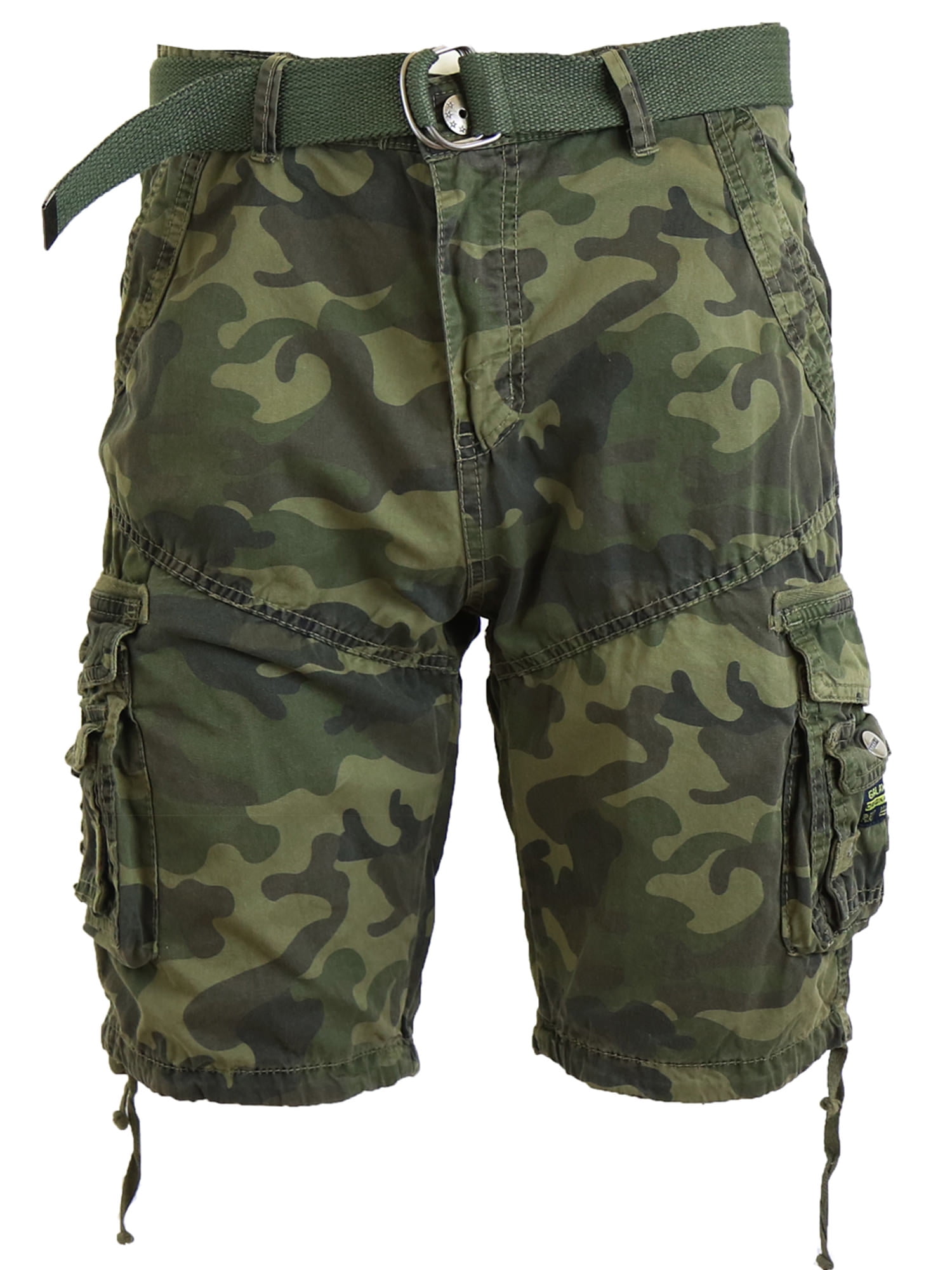 Mens Cargo Shorts Belted Cotton Twill Flat Front Washed Utility Pockets