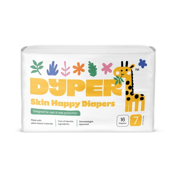 DYPER Baby Diapers, Size 7, 16 Count, 41  lbs, Plant-Based, Hypoallergenic, Dermatologist Approved for Sensitive Skin