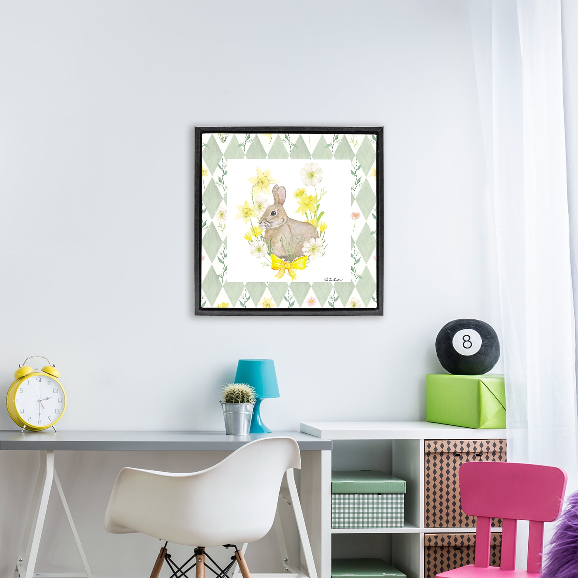 Mother Bunny on Green Argyle Black Framed Floater Canvas Wall Art, design by Lee Ann Sanders