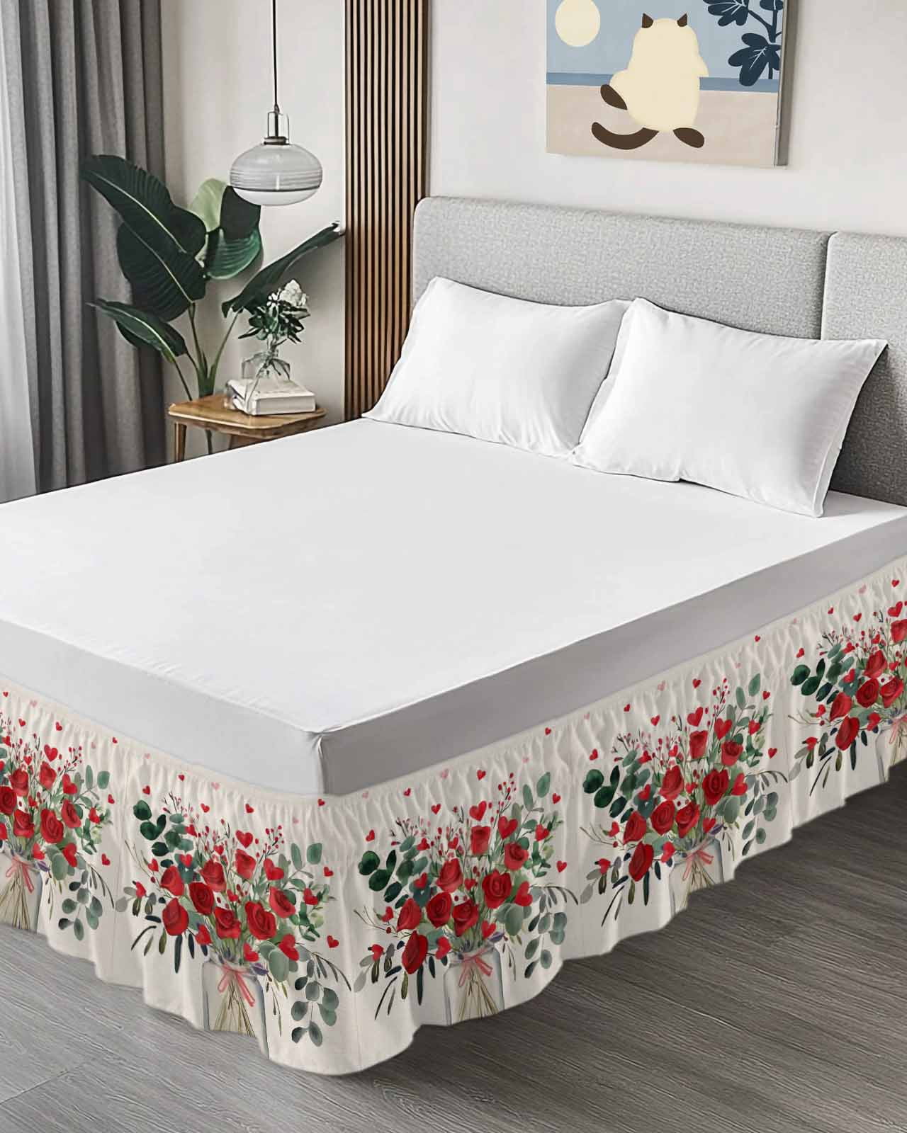 Red Rose Bed Skirt Queen Size 18 Inch Drop, Eucalyptus Leaf Floral Linen Texture Adjustable Elastic Dust Ruffles Bedskirt for Queen Bed Wrap Around Pleated Mattress Frame Cover