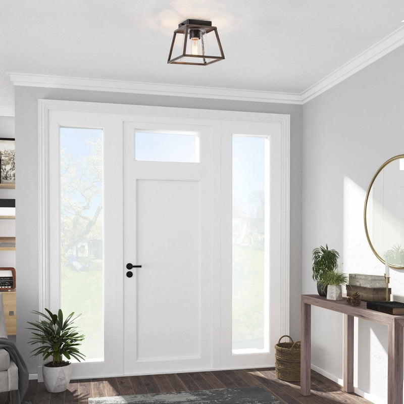 LNC 8-in Grayish Brown Wood and Black Seeded Glass Square LED Farmhouse Flush Mount Light