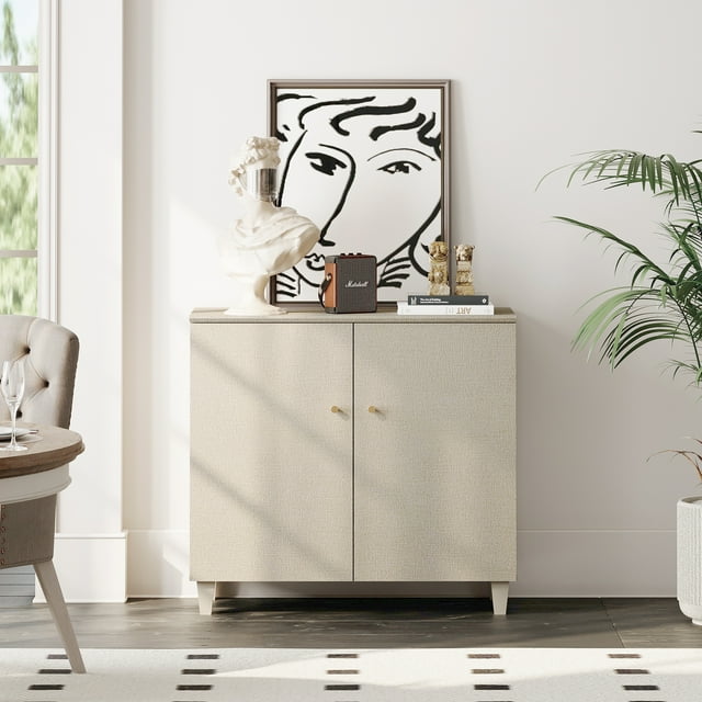 WAMPAT Modern 3-Compartment Sideboard Buffet Cabinet with Shelves & Doors, Wooden Coffee Bar Storage for Dining Room, Living Room, Hallway, Beige - 35.4 Inches
