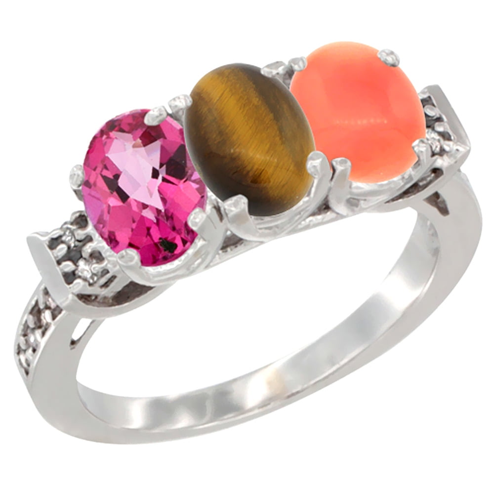 14K White Gold Natural Pink Topaz, Tiger Eye & Coral Ring 3-Stone Oval 7x5 mm Diamond Accent, sizes 5 10 by WorldJewels