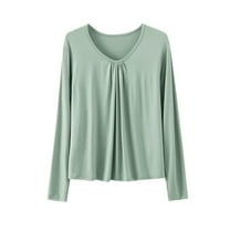 AherBiu Pajama Tops for Women V Neck Ruched Loose Long Sleeve Comfy Top T Shirt Sleepwear Soft Tees