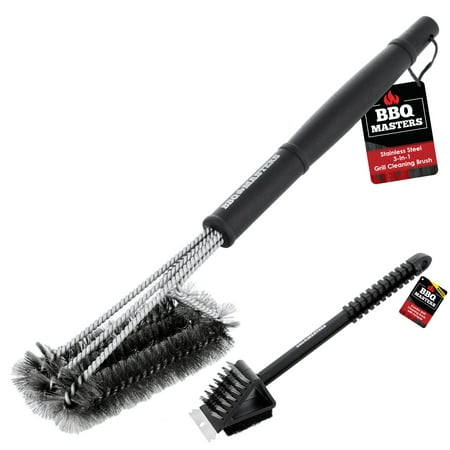 18" Stainless Steel 3-In-1 BBQ Grill Cleaning Brush - Heavy Duty, Triple Bristle Head, Cleans Grates Fast