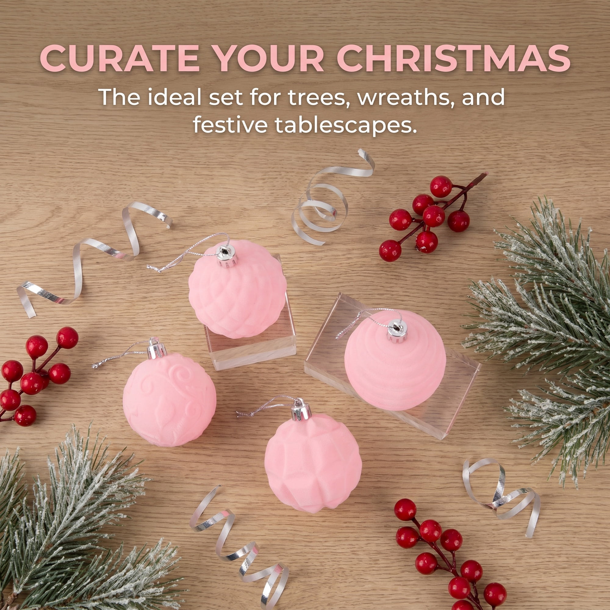 Unique Bargains Velvet Christmas 12 Pack Flocked Sphere Orbs Luxury Ornaments Pink 2.4"