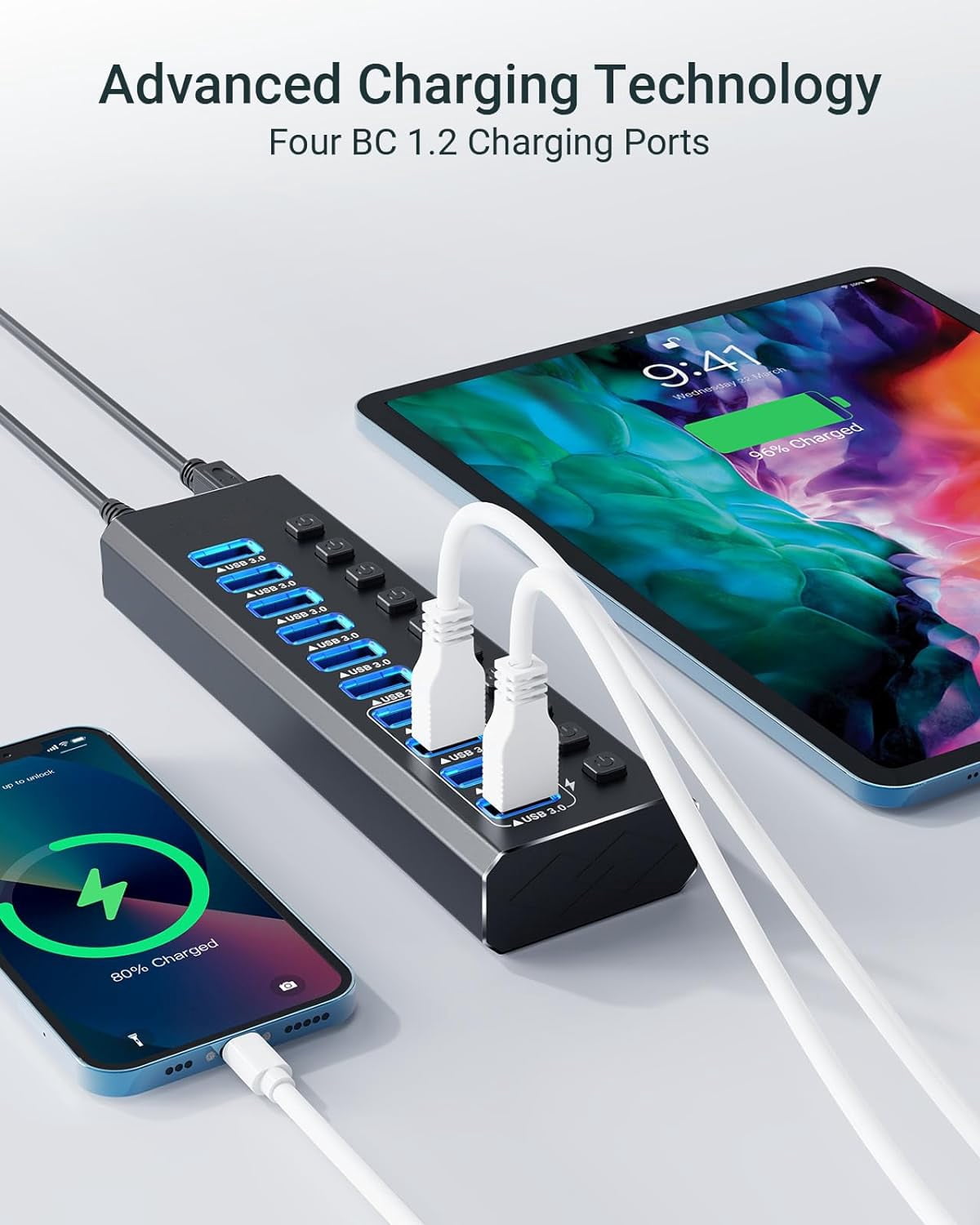Powered USB Hub 3.0, 10-Port USB 3.0 Hub [Durable Aluminum] 10 Data Transfer Ports+ 4 Smart Charging Ports with Individual On/Off Switches, USB Hub 3.0 Powered with Power Adapter for Laptop PC