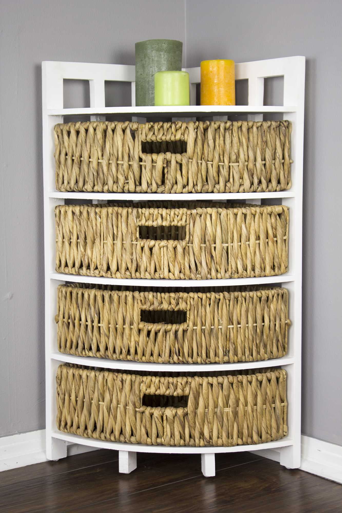 - Vertical Wood Shelf With Woven Baskets For Versatile Storage