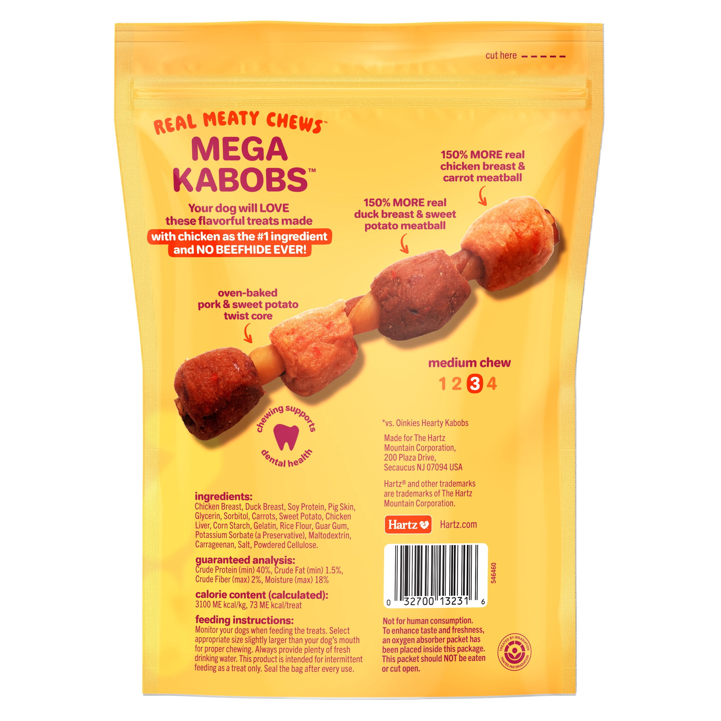 Hartz Oinkies MEGA Kabobs, Real Meaty Dog Chews with 100% Real Chicken, Duck, Carrot and Sweet Potato, 6.6 oz Bag, 8ct