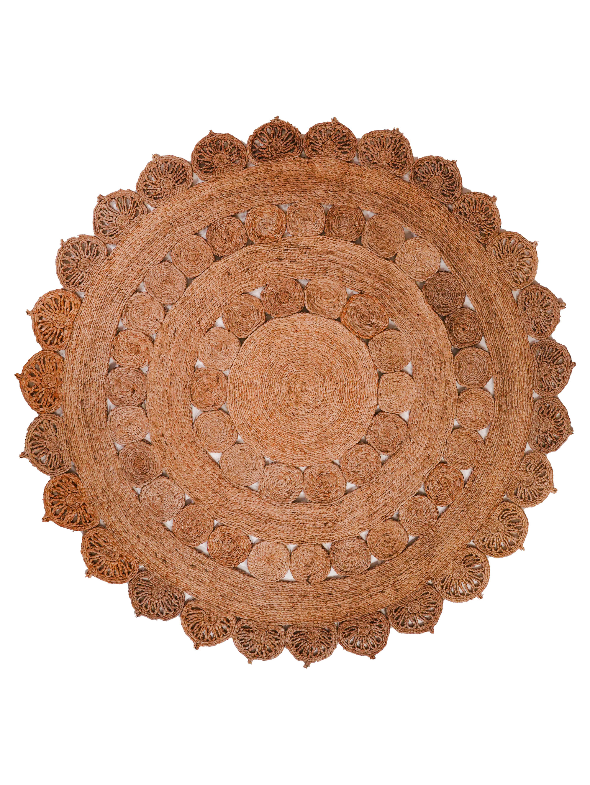 HAND WOVEN JUTE ECO-FRIENDLY AREA RUGS - 4'x4', Round Shape, Beige Color, Oriental Pattern, High Pile, Natural Fiber, Outdoor Indoor Handmade Area Rugs for Living Room, Bed Room (J00004)