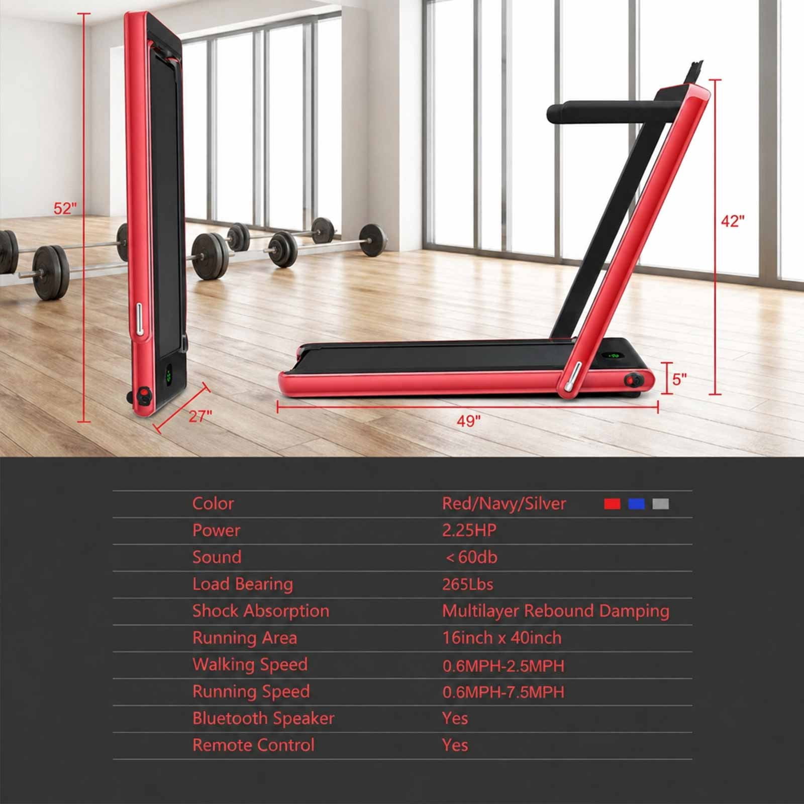 Airfind 2.25 HP 2-in-1 Walk-to-Run Folding Treadmill with App Sync and Audio Console Walking Treadmill for Home Supports 265 lbs, Red