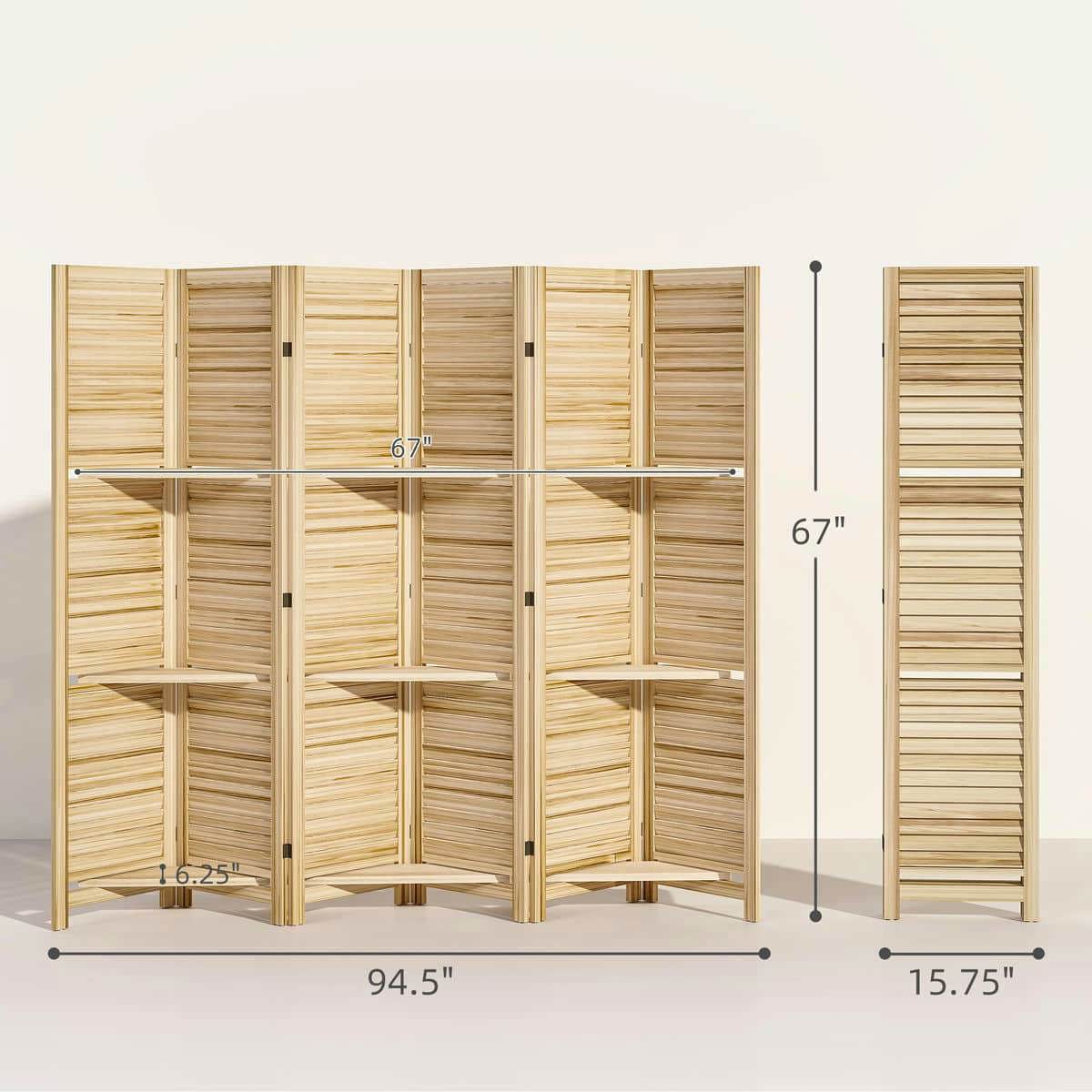 Spaco 6 Panel 67" Tall Wood Privacy Screen, Room Divider, Privacy Screen with 3 Shelves and Folding Storage for Indoor as Living Room, Bedroom, Natural