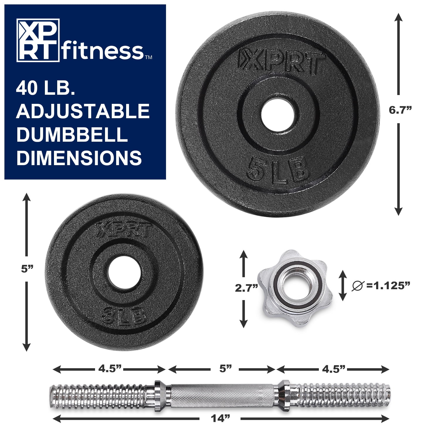 XPRT Fitness Cast Iron Adjustable Dumbbell, Black, 40lb Pair