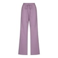 thumbnail image 3 of Fnooota Cotton Linen Pants for Women, Drawstring Casual Relaxed Fit Straight Leg Pants wirh Pockets Purple Size M, 3 of 5