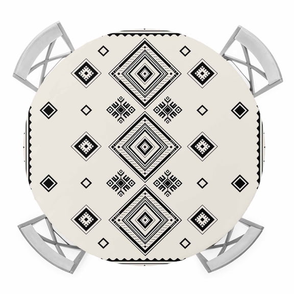 Elastic Fitted Round Tablecloth, Boho Geometric Waterproof Stretch Table Cover for 36"-44" Tables, Simple Farmhouse Nation Abstract Motifs Washable Outdoor Tablecloths for Patio, Picnic, Camping