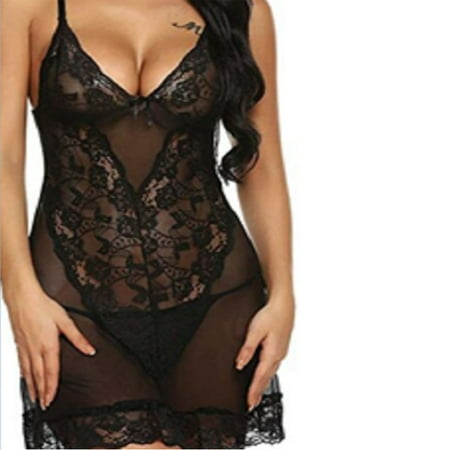 Deals of The Day Clearance TMOYZQ Nightgown for Women Lace Trim Babydoll Chemise Mesh Nightdress See ThroughV Neck Nightwear Side Split Nightgown