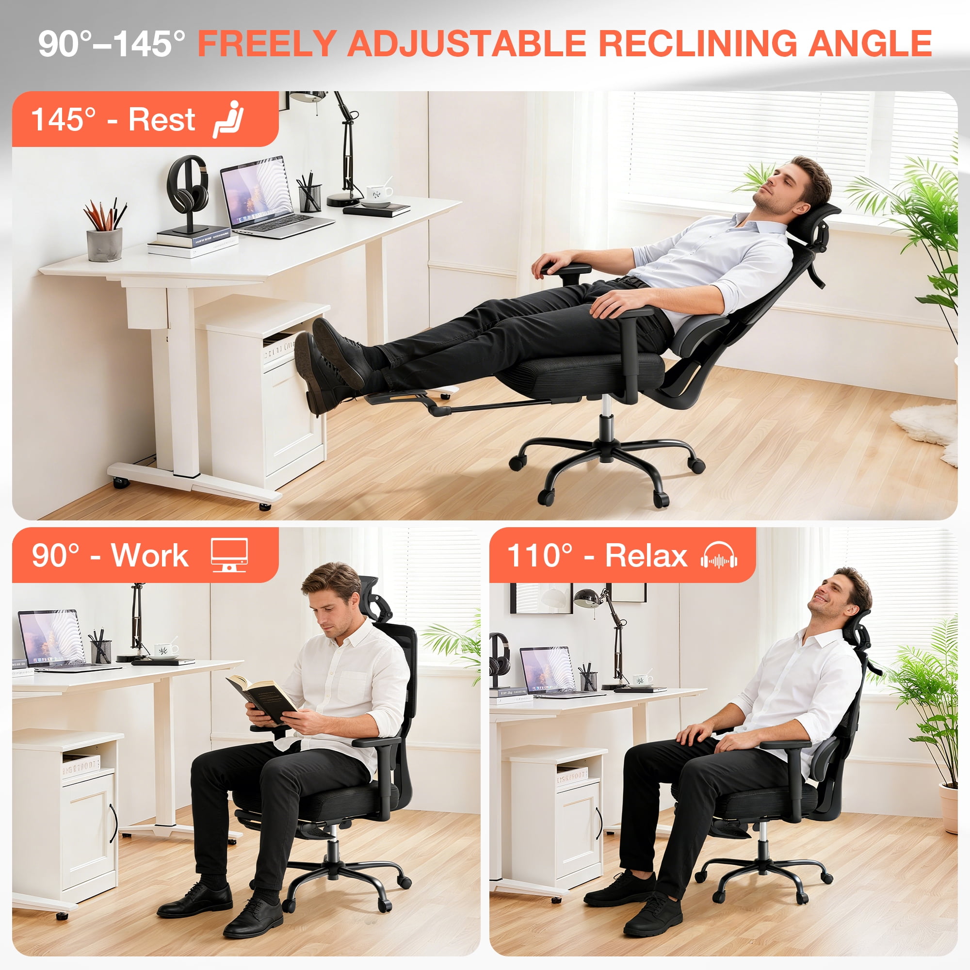 Mr IRONSTONE Ergonomic Office Chair with Footrest, Heavy Duty 400lbs Mesh Desk Chair with 3-Zone Lumbar Support, 145 Degree Reclining Computer Chair with Multi-Axis Armrests, Black