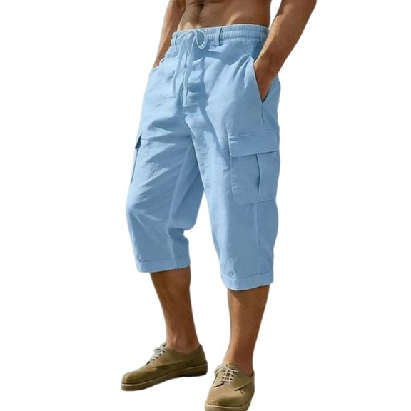 Mens Linen Shorts with Pockets Under Knee Length Stretch Waist Loose Fit Shorts Casual Breathable Lightweight Drawstring Cargo Shorts