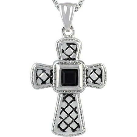 Truly Crystal Swarovski Silver-Tone Jet Textured Cross Pendant Necklace, 18