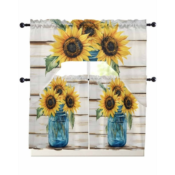 Sunflower Kitchen Curtains Sets 36 Inch Length with Valance, Blue Bottle Yellow Floral Country Woodgrain Swag Valances and Tiers Curtain Set Drapes Swag Curtains for Living Room, Bathroom, Bedroom