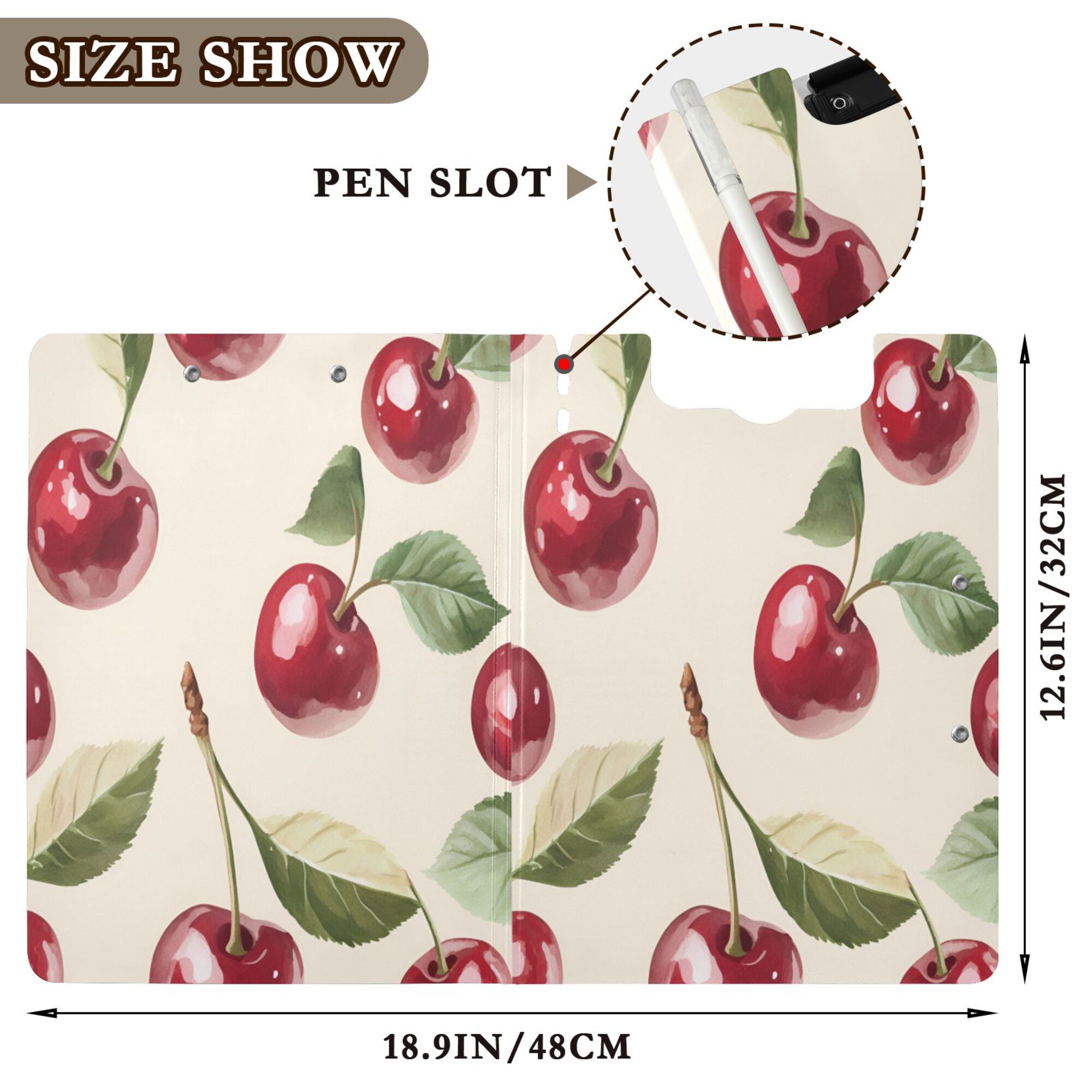 FORMRS A4 Clipboard Folder with Pen Holder Horizontal Foldable School Office Binder, Cute Cherry