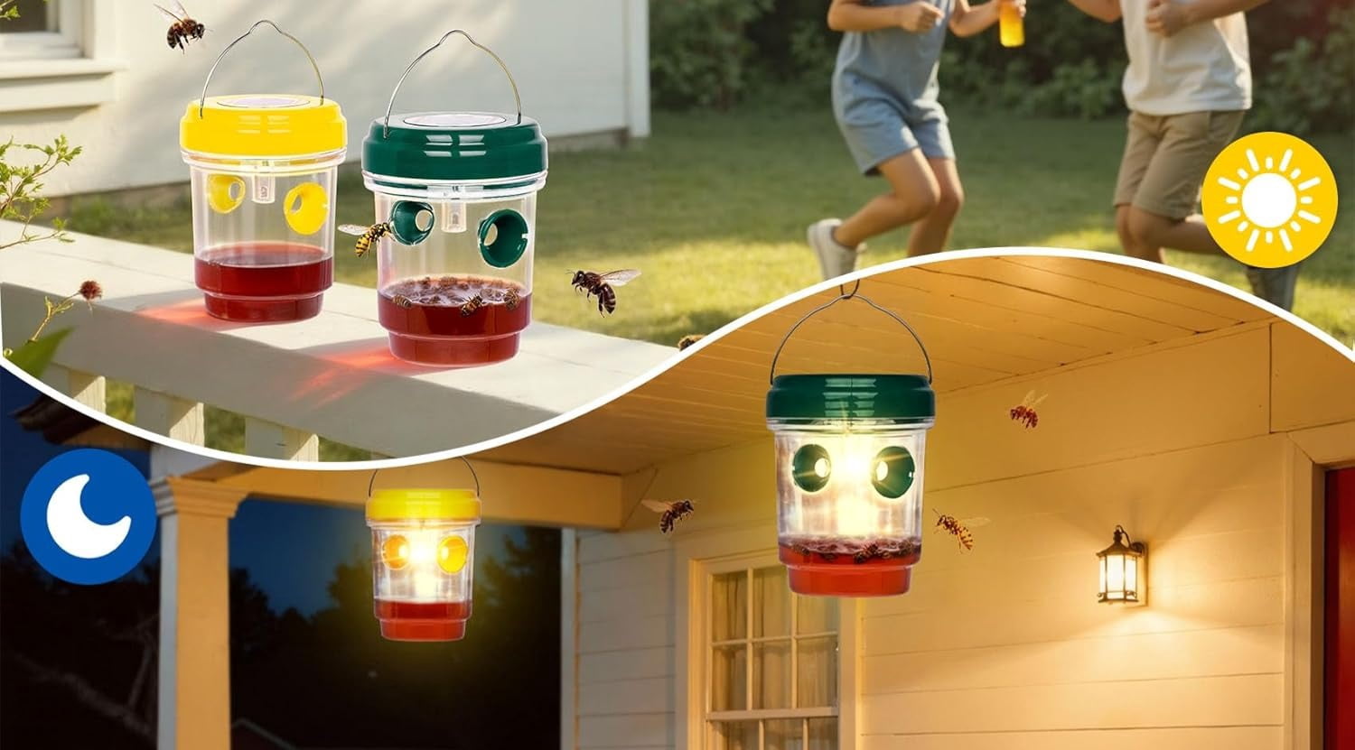 2 Pack Wasp Traps Outdoor Hanging, Carpenter Bee Traps for Outside, Yellow Jacket Trap Solar Powered Wasp Killer with UV LED Light, Bee Catcher Traps, Hornet Traps