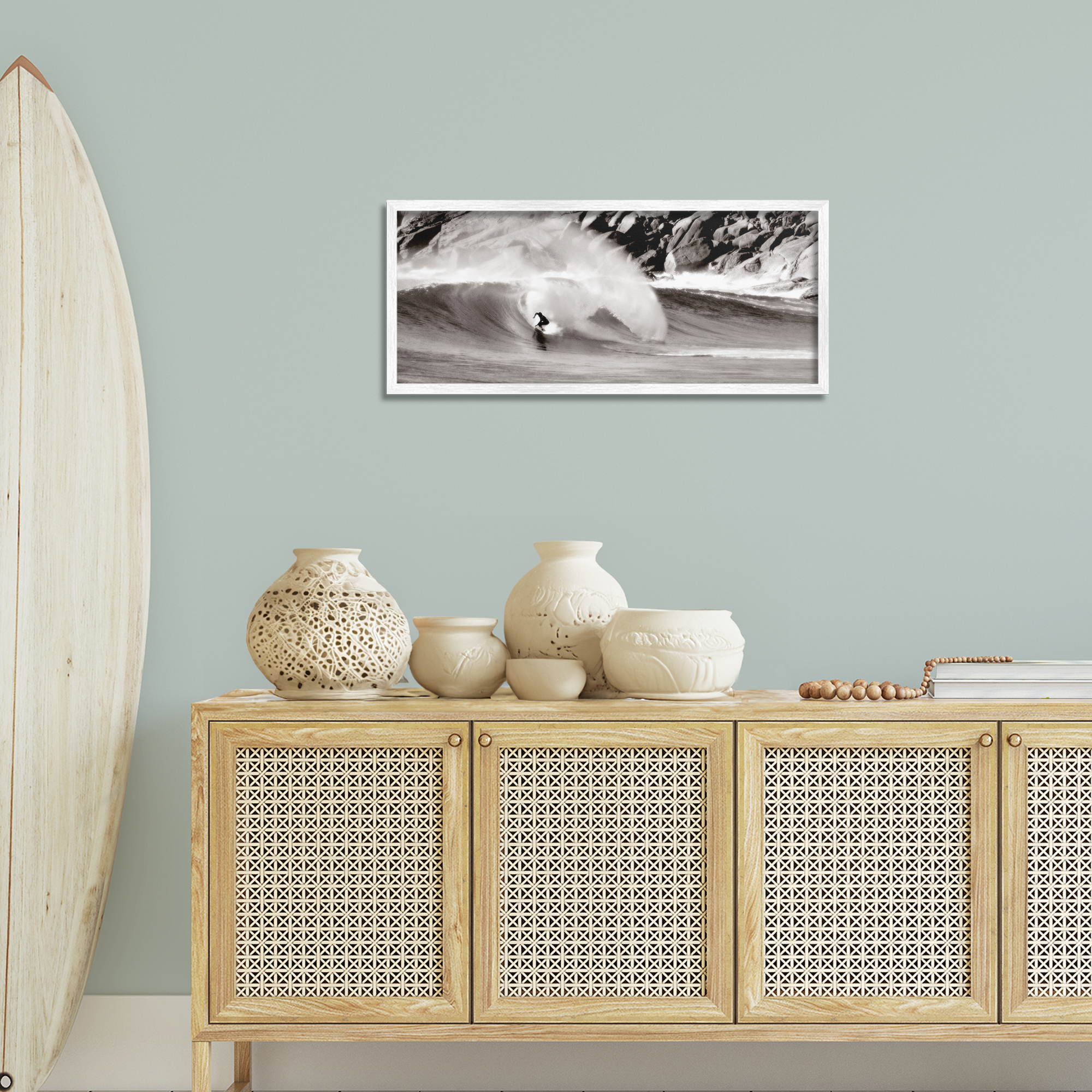 Stupell Industries Surfing Reef Break Coastal Photography White Framed Art Print Wall Art, 30 x 13