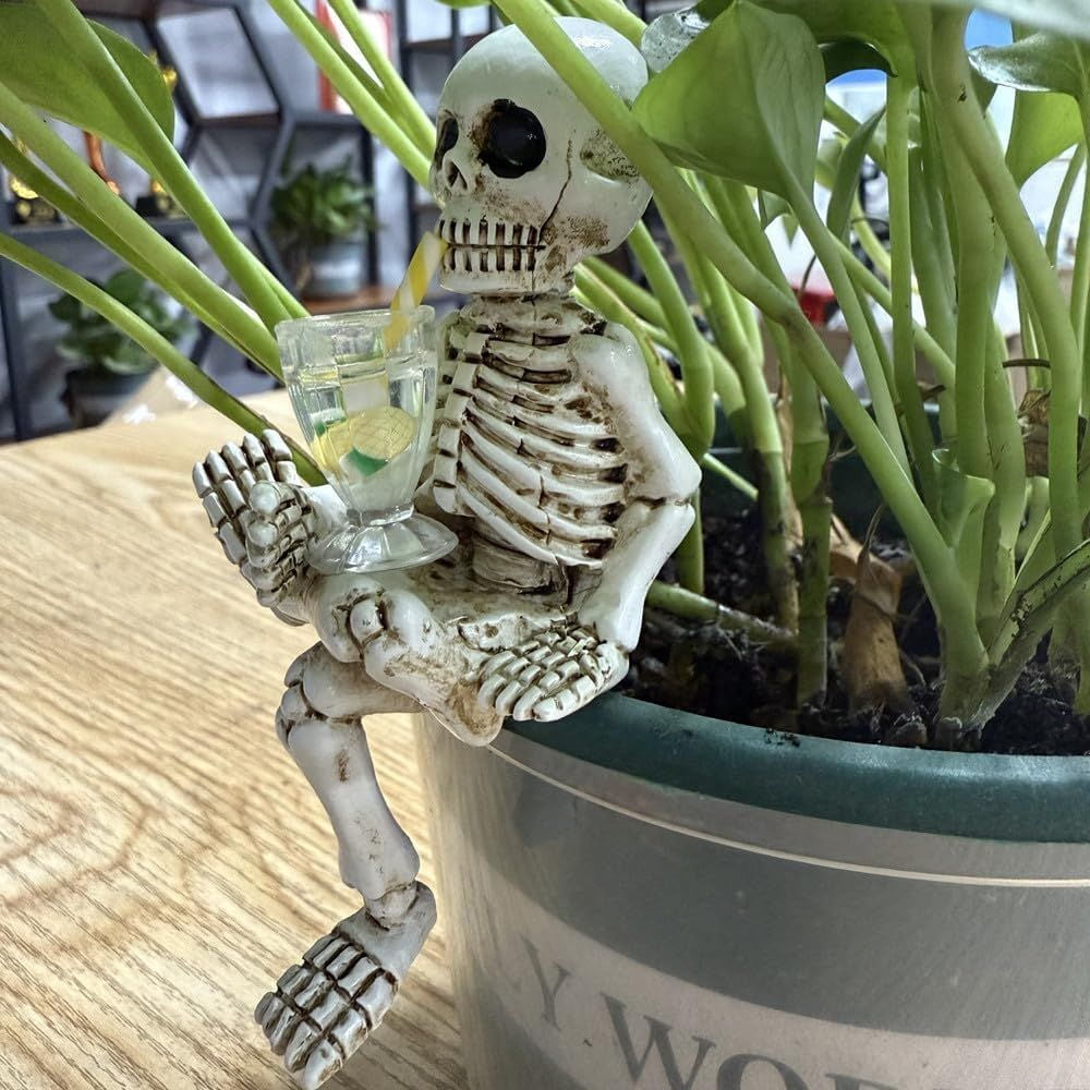 Weather-Resistant Skeleton Statue 5.1 Inch for Garden and Flower Pot Decoration