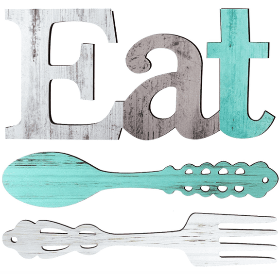 Wooden Eat Sign Wall Decor, Rustic Fork & Spoon Wood Wall Art, Farmhouse Kitchen Dining Room Hanging Decoration
