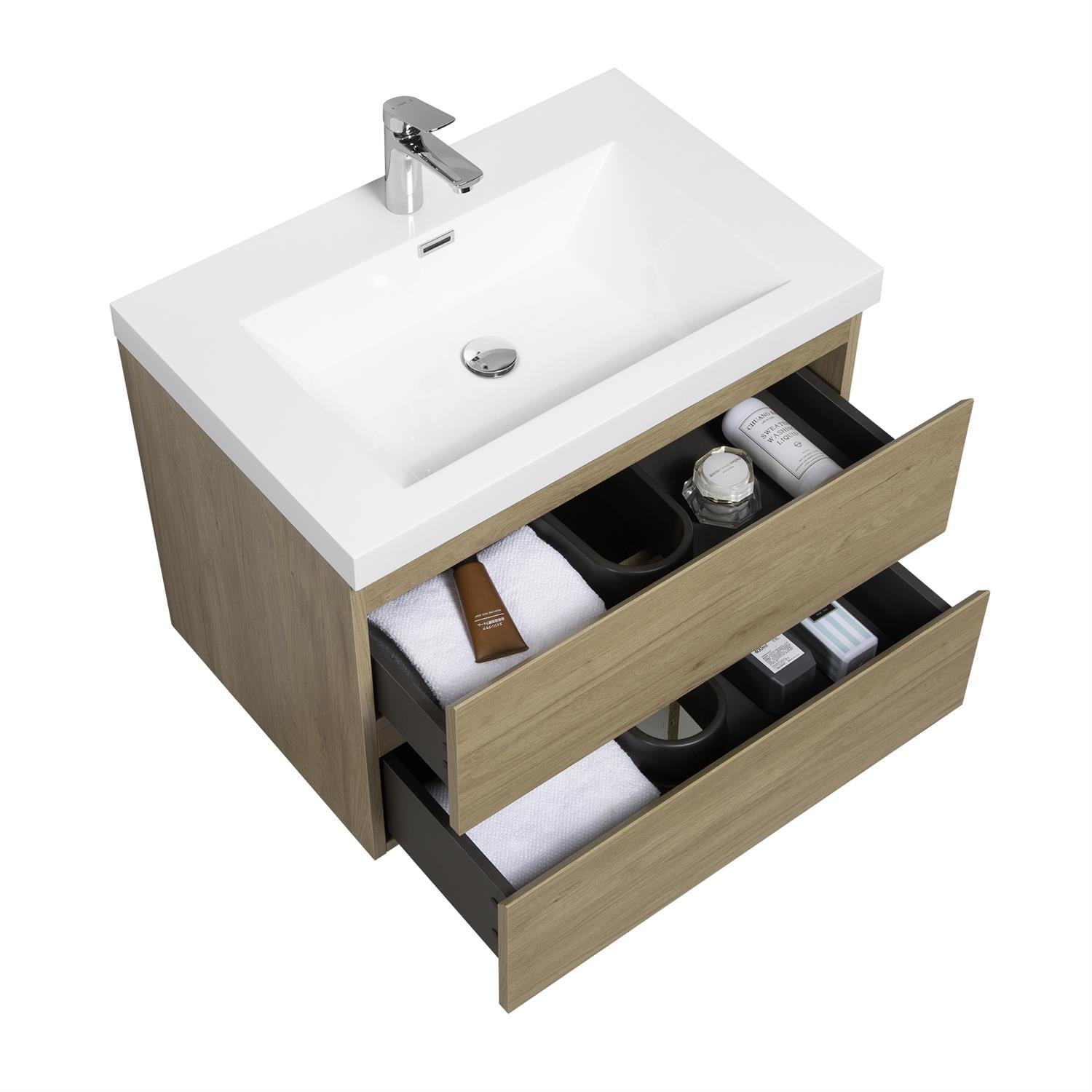 Demi Bonn 30" Floating Bathroom Vanity with Sink, Resin Top Basin and 2 Soft Close Drawers, Faucets and Drains Not Included, Brown