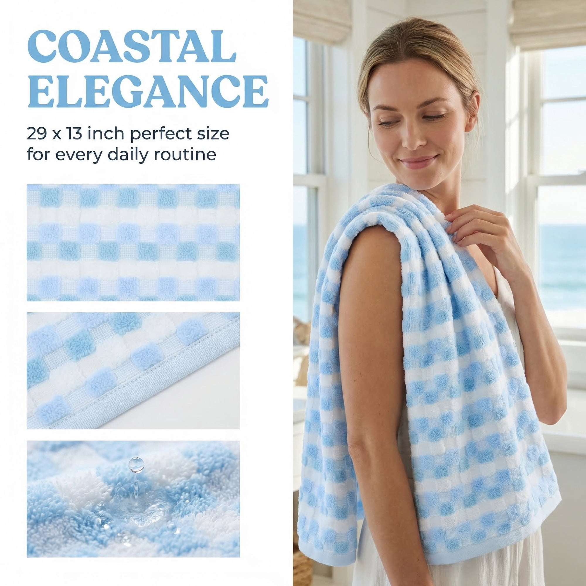 Unique Bargains Checkered Cotton Soft Absorbent Hand Towel Blue 2pcs 29" x 13"