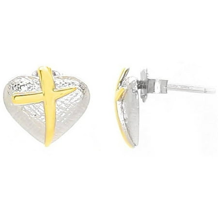 Lavaggi Jewelry Sterling Silver Religious Cross My Heart Gold-Plated Stud Earrings, 925 Designer