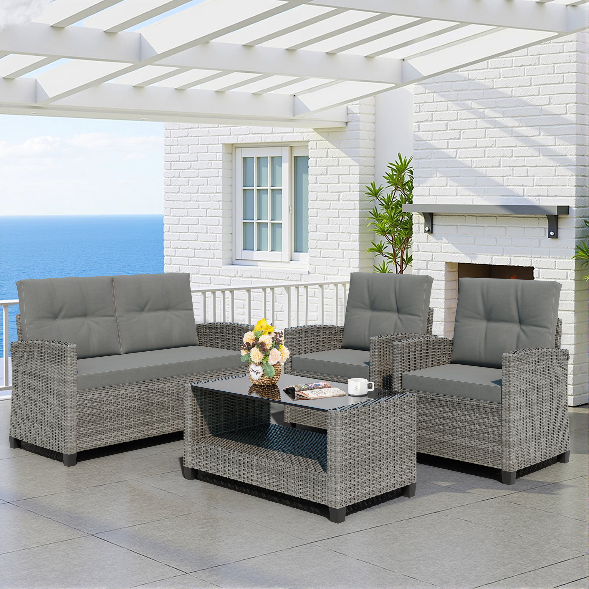 Walsunny 4 Pieces Outdoor Sectional Conversation Wicker Patio Furniture Set with Cushion Table for Backyard,Porch,Garden,Poolside Balcony,Gray