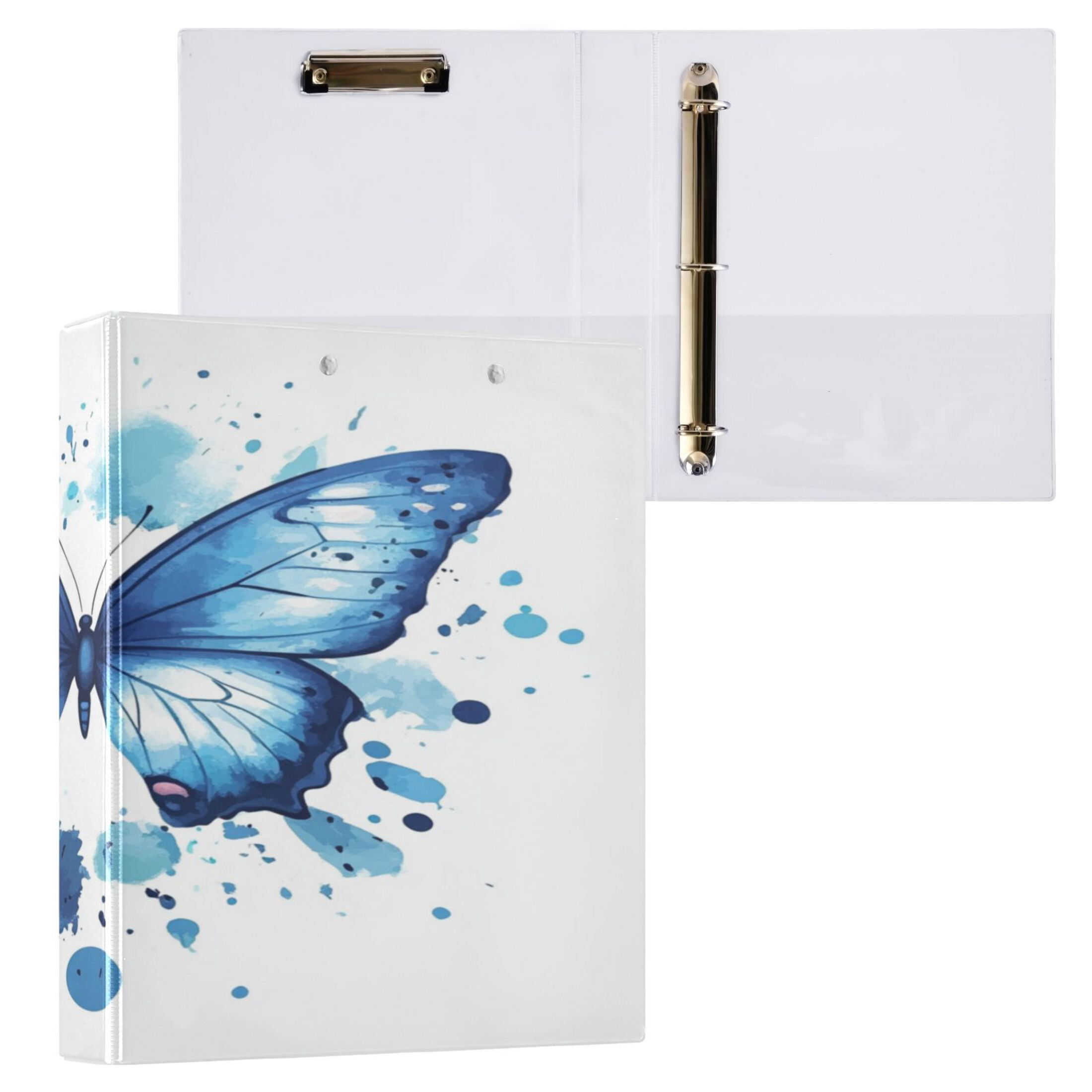 WOBOGO Blue Butterfly File Folders Extra Large Capacity to Hold 200 Sheets of Documents Hard Shell Ring Binder for School Home Office