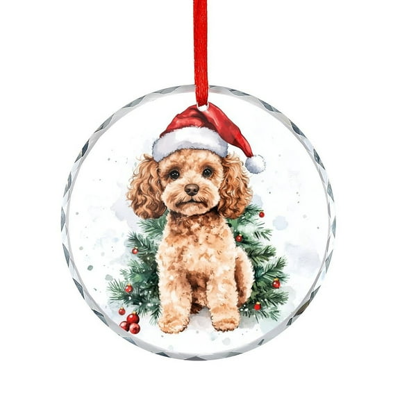 Watercolor Christmas Tree with A Cute Brown Poodle Dog Crystal Glass Christmas Ornament for Xmas Tree Winter Holiday Decor Hanging Ornament
