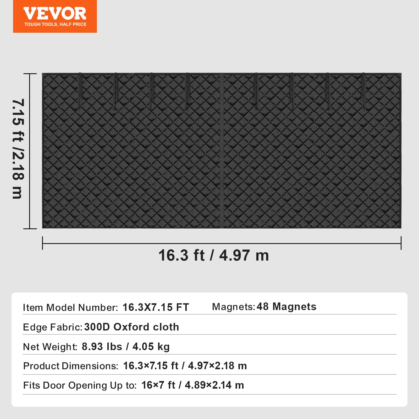VEVOR Garage Door Screen for Winter, 16x7FT, Garage Door Insulation Kit, Magnetic Thermal Insulated Door Curtain with 300D Oxford Fabric Heavy Duty Weighted Bottom, Easy Assembly for Garage Door