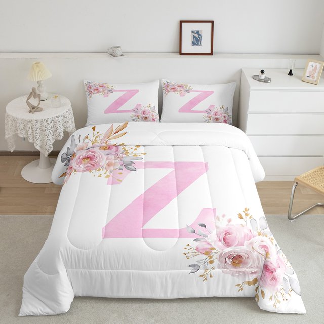 Erosebridal Initial Z Letter Bedding Full Comforter Set, Floral Monogrammed Down Comforter, Initial A-Z Decor, Reversible