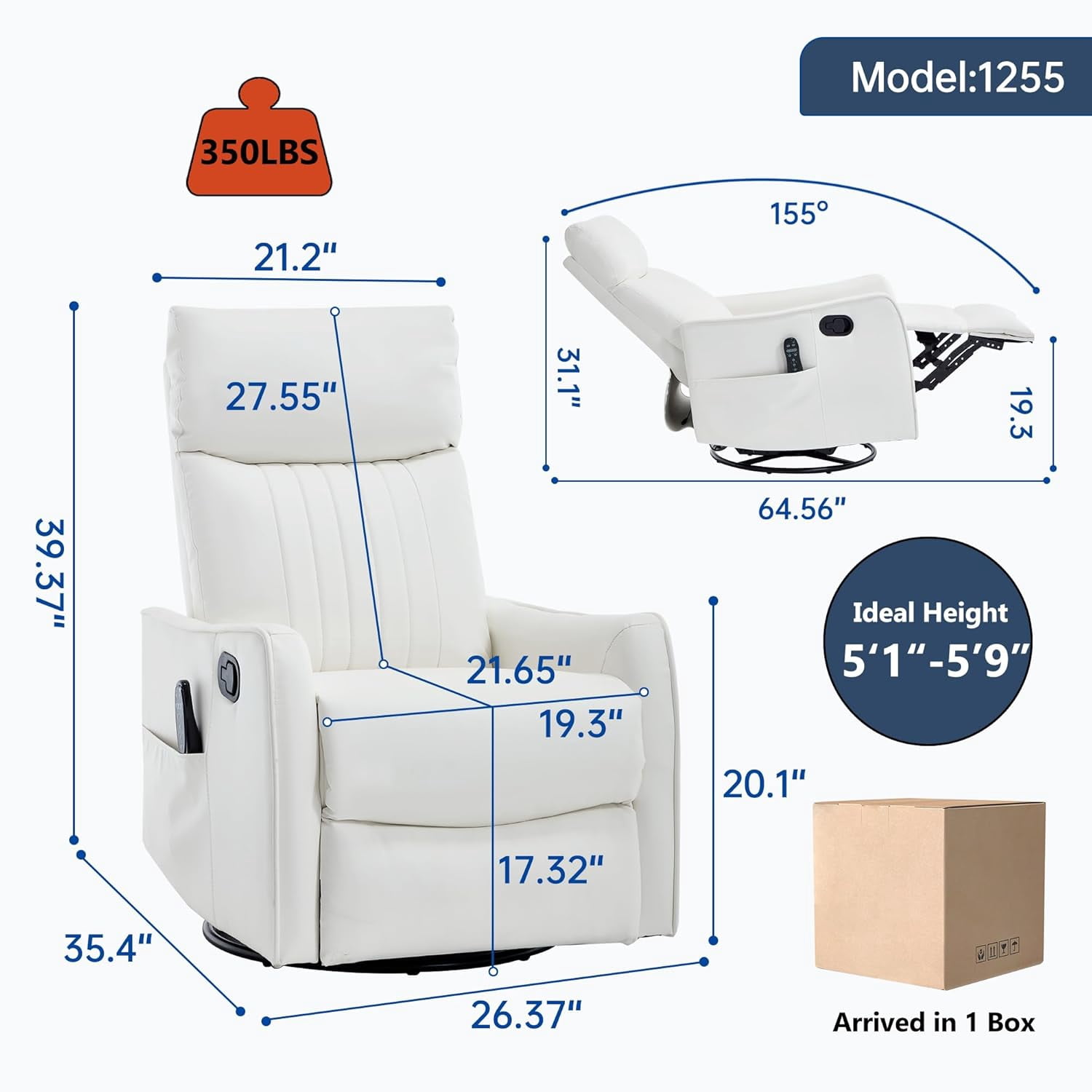 High Back Manual Recliner Chair with Heat & Massage, Swivel Rocker for Living Room Bedroom, White
