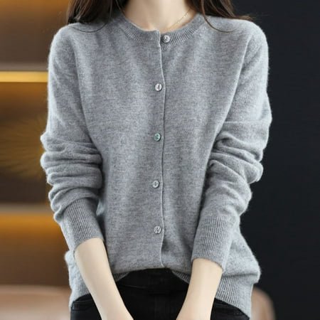 MKLEKYY Womens Cardigan Women Knitted Spring and Autumn Round Neck Sweater Long Sleeve Solid Color All Cardigan Jacket