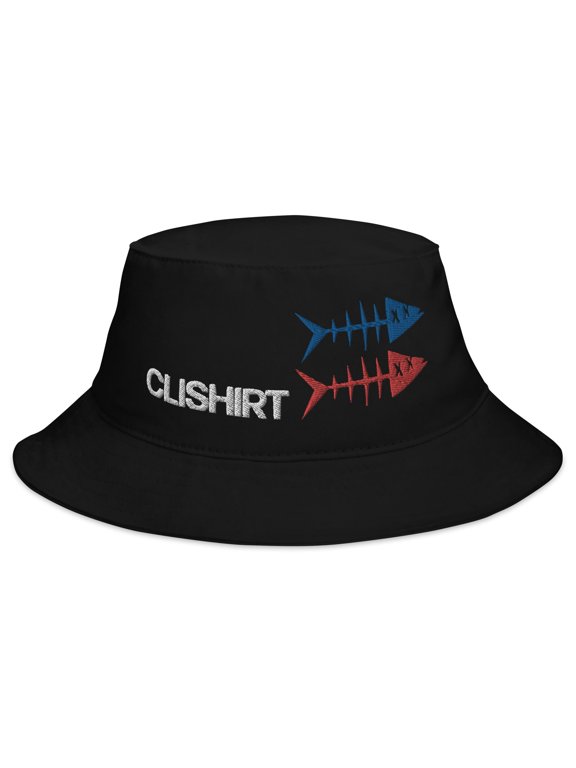 Adult Unisex Embroidered Blue Red Fish Cotton Black Bucket Hat