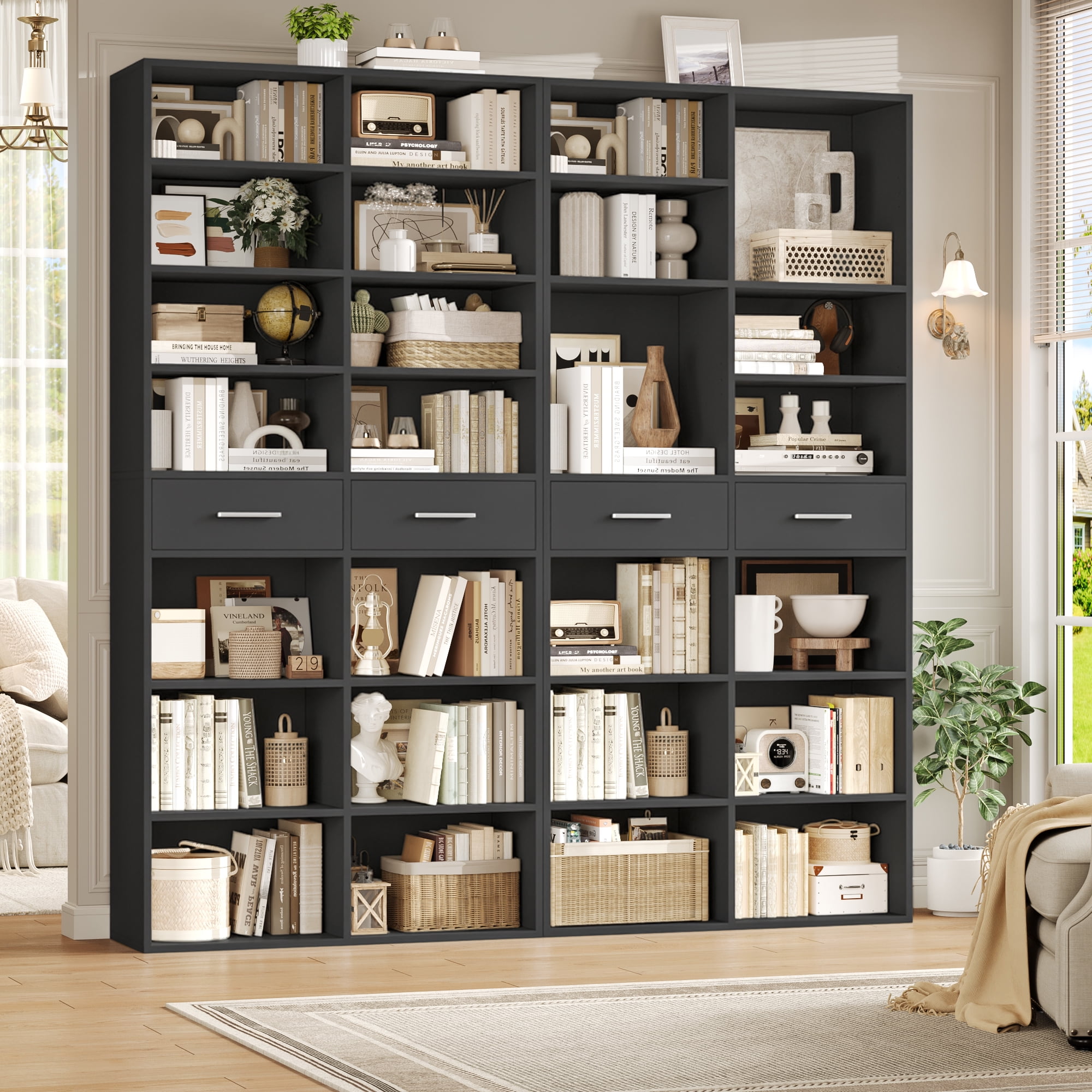 Homfa 7-Tier Bookcase with 2 Drawers, 72.8" H Double Wide Bookcase with 4 Adjustable Shelves for Study Office Living Room, Black
